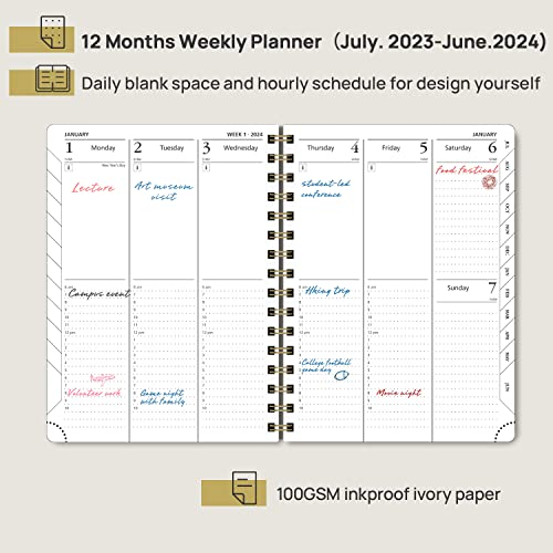 Poprun Planner 2023-2024 (8.5'' X 6.25'') Academic Planner Weekly And Monthly (July 23-June 24) Spiral Planner With Hourly Time Slots, Hard Cover, Wirebound, Tabs, 100 Gsm - Haze Blue #TOP1