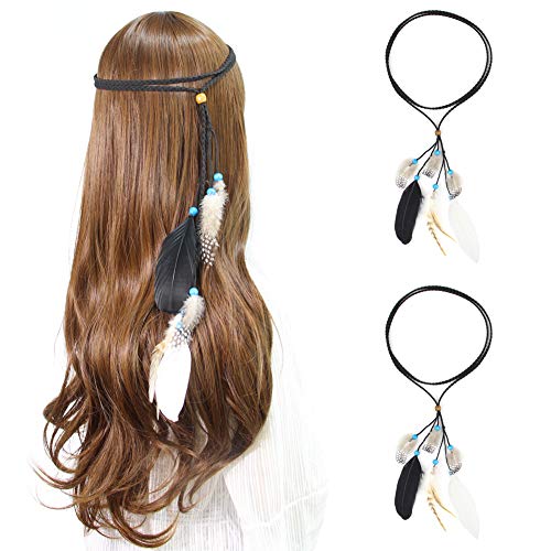 Beinou Hippie Feather Headband Boho Headdress Feather Rope Crown Fashion Head Band Headpiece Hair Accessories for Women and Girls, 2pcs