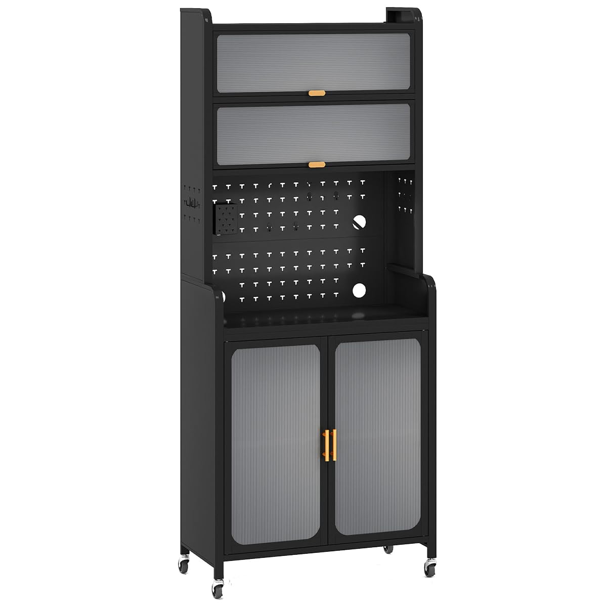 GIANTEX Küchenschrank mit Arbeitsplatte, 192 cm Buffetschrank mit Rollen, Küchenbuffet mit verstellbarem Regal & Lochwand, Küchenregal 6 Ebenen mit Klapptüren, Metall Mikrowellenschrank Küche, Schwarz