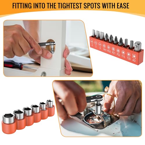 Pocione PC002 Right Angle Screwdriver Mens Gifts - 90 Degree Offset Ratcheting Screwdriver Pocket Mini Low Profile Ratchet Wrench Bit Socket Set thumb #1
