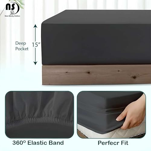 Miniatura 4 de Juego de sábanas de algodón Queen de 4 piezas de primera calidad, 100% algodón egipcio, bolsillo profundo de 15 pulgadas de sábanas de algodón, gris