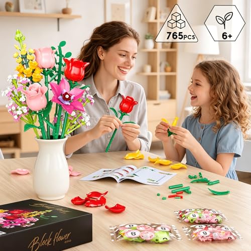 Ramo de flores de construcción de 765 piezas con rosas artificiales decorativas 3