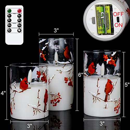 Image of GenSwin Red Bird Glass Flameless Candles with Remote Timers, Battery Operated 3D Wick Led Flickering Light, Real Wax Pillar Candles for Christmas Home Decoration(Pack of 3, 3 inchx4 inch5 inch6 inch)