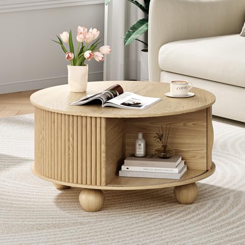 Image of JOINICE 31.5 inch Round Coffee Table with Storage for Living Room,Natural Oak