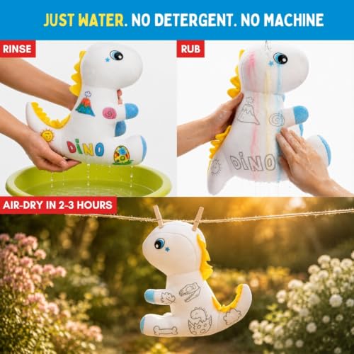Image of PepPlay Redoobles Doodle Dinosaur- Color, Wash & Reuse Plush Toy for Kids 3-8 Years 4 Non-Toxic Washable Markers Screen-Free Travel & Bath-Safe Soft Toy Made in India Gift for Boys