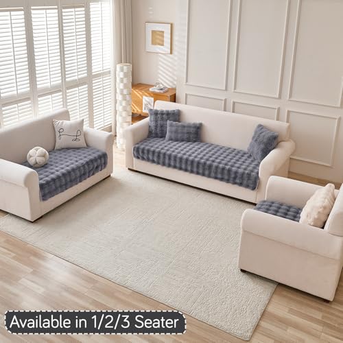 Image of HOKIPO 'FurHug' Luxury Faux Rabbit Fur Anti Slip Sofa Cover Mat, 2 Seater, Cool Grey (NEW-5013-GRY*1)