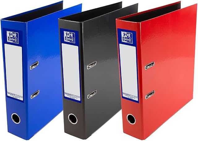 Oxford, A4 Lever Arch Files, Red / Black / Blue, 3 Folders.
