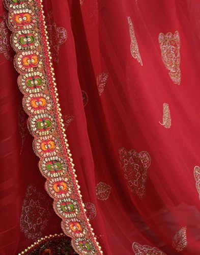 Image of SIRIL Women's Bandhani Printed Georgette Sequence Lace Scalloped Border Saree with Unstitched Blouse Piece