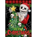 Selmad Night Before Xmas Decorative Burlap Garden Flag, Christmas Tree Skeleton Home Yard Small Outdoor Decor, Skull Winter Outside Decoration Double Sided 12 x 18