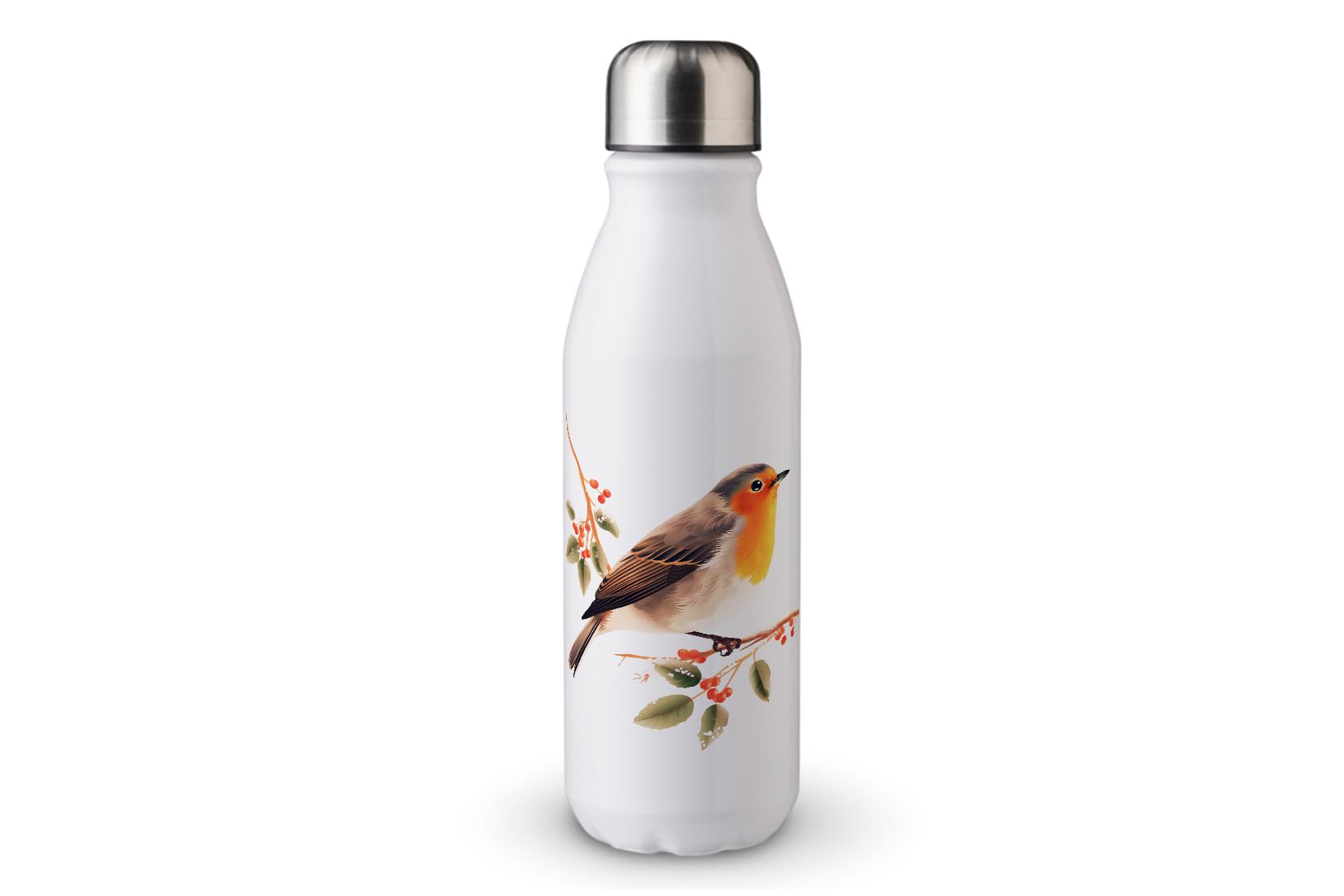 MAXIKIWI - Single Wall Water Drinking Bottle with Screw Cap, Non Insulated Lightweight Aluminium, BPA Free, Leak-Proof - Winter Robins - 500ml
