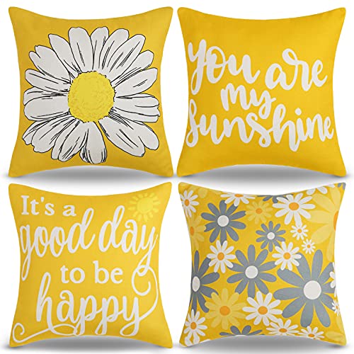 Housse de Coussin 45x45 Fleurs Hivernal Extérieur Coussins Tournesol Moutarde Jaune Et Gris Marguerites Housse Coussins Décoratifs Coussins Canapé Jardin