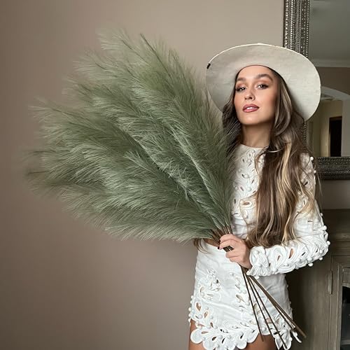 VOULUX Erba artificiale della pampa finta verde salvia extra large, 3 steli da 115 cm, 18 piume decorative artificiali per vasi da pavimento, fiori alti e lunghi, erba della pampa