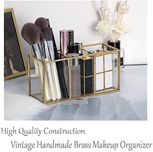 Image of Glass Makeup Brush Organizer with Gold Metal Frame - Cosmetic Brush Holder for Vanity, Dressing Table & Bathroom Counter - Multi Compartment Beauty Storage - 18 x 8 x 10 cm