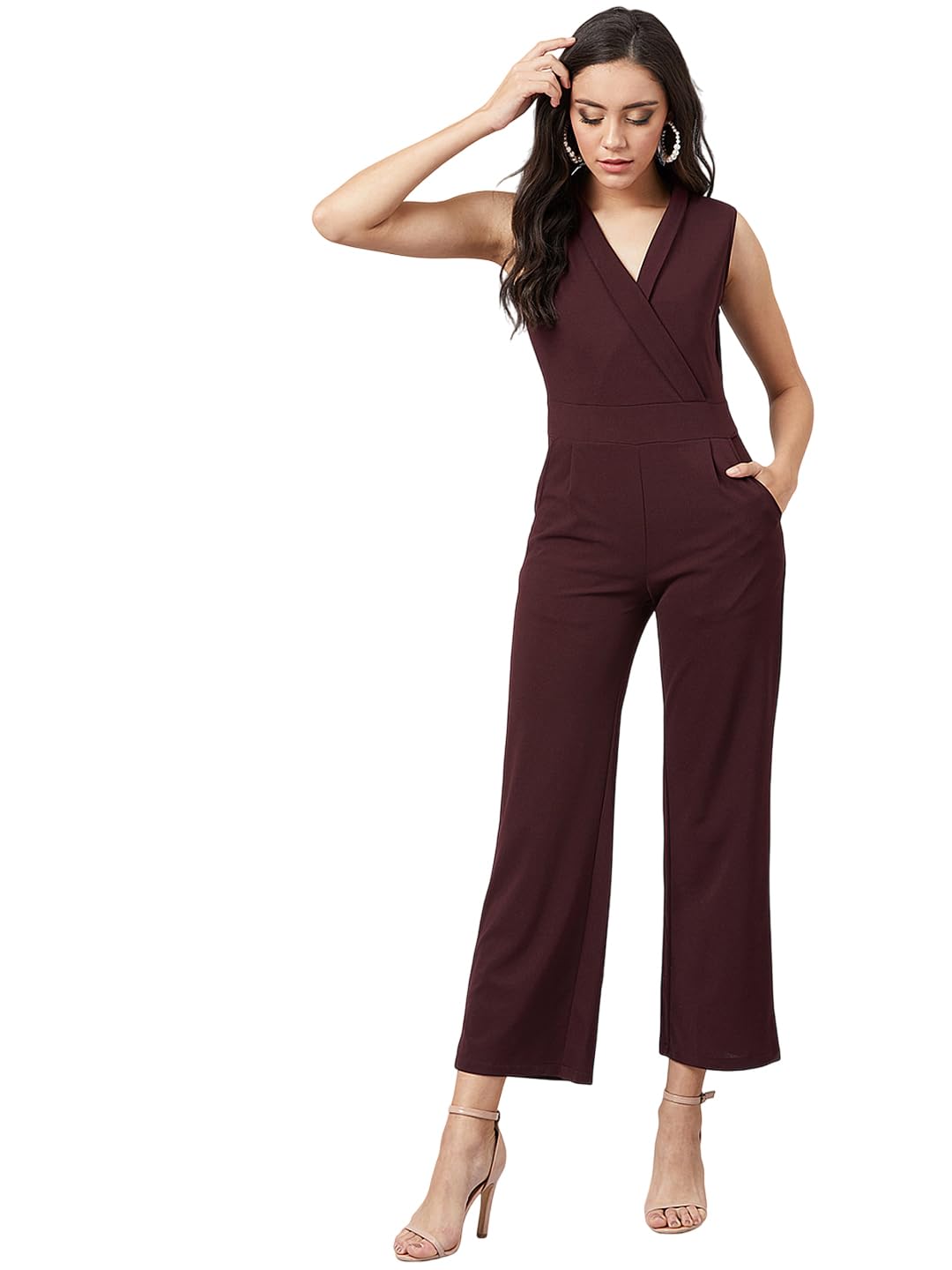 Regular fit NA Polyester Shawl Neck Sleeveless Solid Party Jumpsuit-image-23