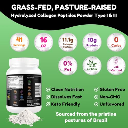 Image of Halal & Grass Fed Collagen Peptides Powder 1LB (16oz) Tub. Unflavored Hydrolyzed Collagen Peptides Powder Type I & Type III for Hair, Skin, Nails & Joints | Keto & Paleo Friendly | Sugar & Gluten Free