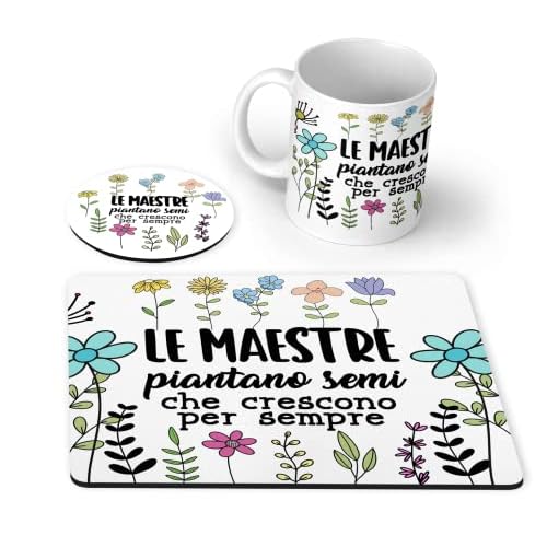 Set da scrivania regalo per la maestra composto da tappetino per mouse, tazza mug e sottobicchiere personalizzati con frase regalo di fine anno ritorno a scuola