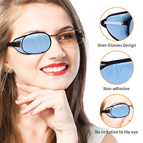 Image of eZAKKA Eye Patches for Adults, Eye Patch for Glasses Silk Patch for Lazy Eye Amblyopia Strabismus and After Surgery (Light Blue+Black)
