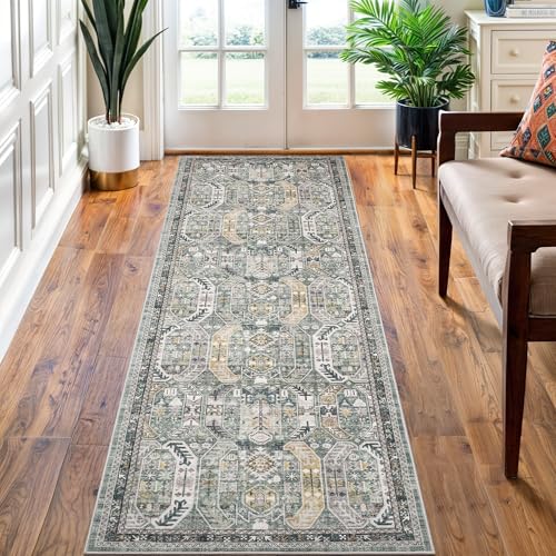 Madane Washable Runner Rug - 2x6 Rug Runners for Hallways 6 Feet Non Slip Vintage Kitchen Runner Rug Ultra-Thin Bathroom Runner Rugs Carpet Laundry Room Bedroom (2x6ft, Green/Gold)