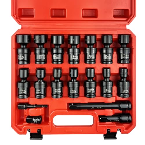 18PCS 1/2 Drive Shallow Universal Impact Socket Set Swivel Socket Set Metric Flexible Wobble Sockets CR-MO 10-24mm 3 6 Extension Bar Adapter 6 Point