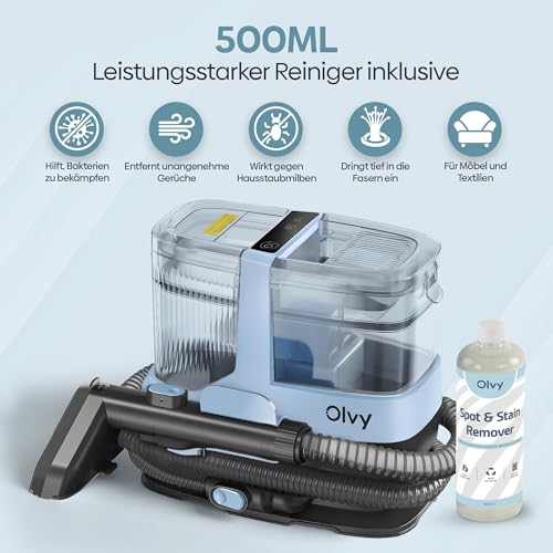 Olvy Teppichreiniger 2.0 - Leistungsstarker 17.000 PA Fleckenentferner mit 1,6m Schlauch, 4m Kabel, Selbstreinigungsfunktion & 500ml Reinigungsmittel - Teppich, Sofa, Matratze & Auto
