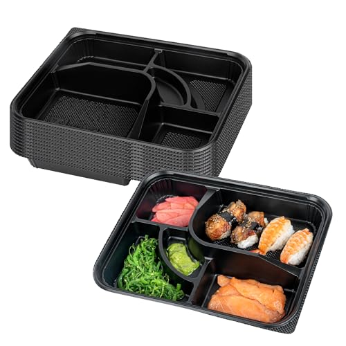 Restaurantware-Bento Tek 26.2 Ounce Meal Prep Containers, 50 Disposable To Go Food Boxes - Lids Sold Separately, 5 Compartments, Black Plastic Bento Lunch Boxes, Microwavable, Freezable