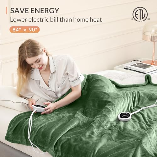 Image of HOMLYNS LuxeHeat Heated Blanket Electric Blanket Queen Size, Soft Flannel Sherpa Heating Blanket with 10 Heat Settings, 1-10 hrs Timer Auto Shut Off (84x90 inches, Green), Only for 120V Voltage Use