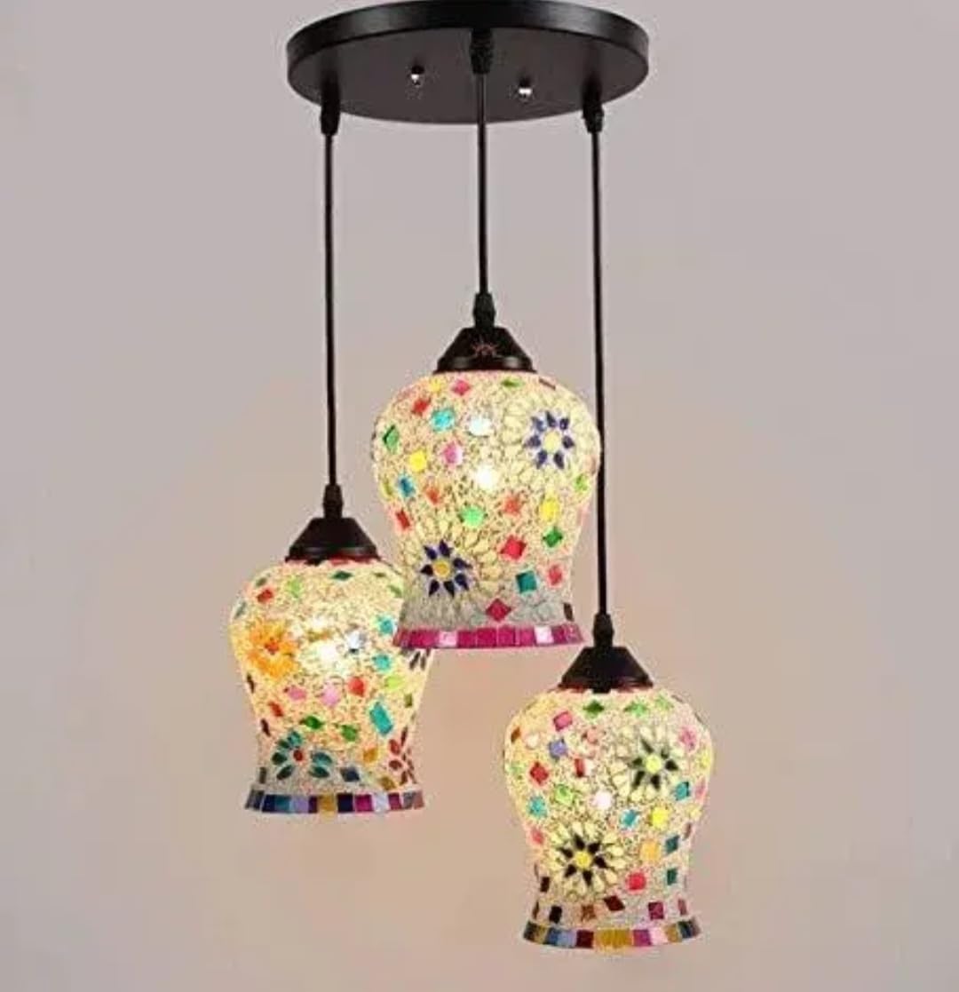 MSM Mosaic Glass Pendant Chandelier, 3 Lights, Multicolor Floral Pattern, Hanging Ceiling Light-image-22