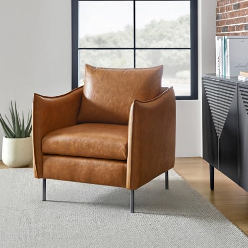 HULALA HOME Leather Armchair, Modern Faux Leather Accent Armchair Upholstered Living Room Chairs with Moveable Cushion for Living Room, Office, Reading, Customer Reception, Camel
