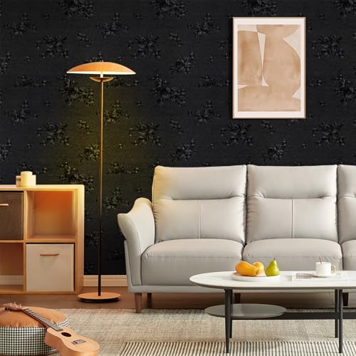 Abyssaly Black Floral Peel and Stick Wallpaper, Gothic Floral Embossed Textured Wallpaper for Bathroom, Self Adhesive Removable Friendly Wall Paper Cabinets Contact Paper 17.7in X 236in - Thumbnail 2