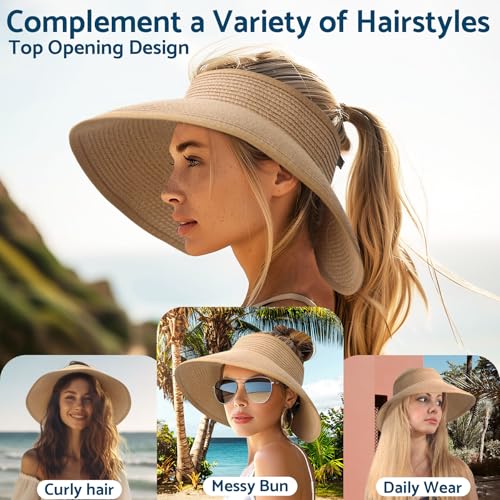 Image of NPJY Sun Hats for Women Wide Brim Roll-Up Beach Ponytail Hat Packable Foldable Travel Straw Visor