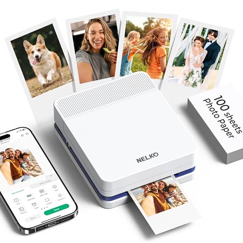 Nelko Portable Photo Printer, PP03 Color Mini Photo Printer for iPhone & Android, with 100 Sheets of Photo Paper, Bluetooth Picture Printer for Christmas, Family, Travel, White