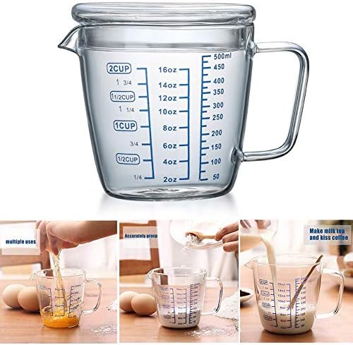 Glass Measuring Cup,500ml Heat Resistant High Borosilicate Transparent Measuring Jug with Lid and Scale Ounce Measure Mug for Microwave,Tea,Cafe,Whiskey,Milk (500ml)