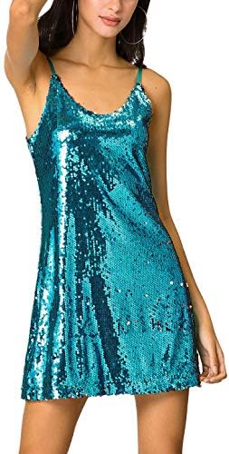 Allegra K Women's Halloween Glitter Sequin V Neck Spaghetti Strap Mini Party Dress Clubwear X-Small Teal Blue
