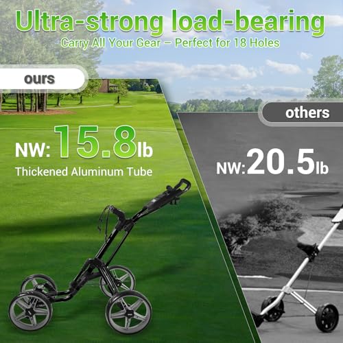 Tivor 4 Wheel Golf Push Cart - Aluminum Frame Lightweight, One-Step Foldable Compact Design, Portable Golf Bag Caddy with All-Terrain Wheels,Black - Thumbnail 6