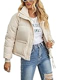 CAMNOW Womens Cropped Puffer Jacket Full Zip Quilted Jackets Warm Winter Coat Outerwear with Pockets (US, Alpha, Large, Regular, Regular, 12-White)