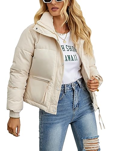 CAMNOW Womens Cropped Puffer Jacket Full Zip Quilted Jackets Warm Winter Coat Outerwear with Pockets (US, Alpha, Medium, Regular, Regular, 12-White)