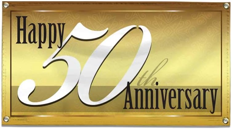 VictoryStore Anniversary Decorations: Happy 50th Anniversary Banner Golden Design Vinyl Banner 2 feet x 4 feet