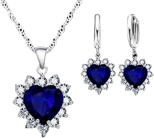 FDEETY Damen Schmuckset Herz Kristall Anhänger Halskette Ohrringe Set für Frauen Mädchen Brautschmuck Set Schmuckset (Blau)