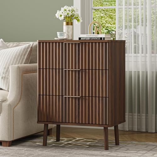 BREEZEHEAT Fluted Nightstand-24 Wide Bedside Table with Drawers, Modern 3 Drawer Dresser, 31" Tall Night Stand-End Table for Bedroom, Walnut
