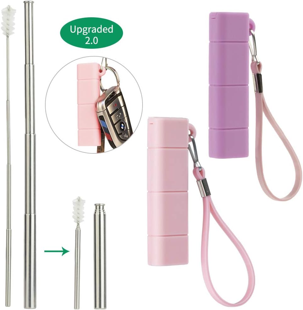 Yoocaa Reusable Metal Straws with Case, 2 pack Portable Telescopic Metal Straws with Cleaning Brushes & Key chain, Purple & Pink