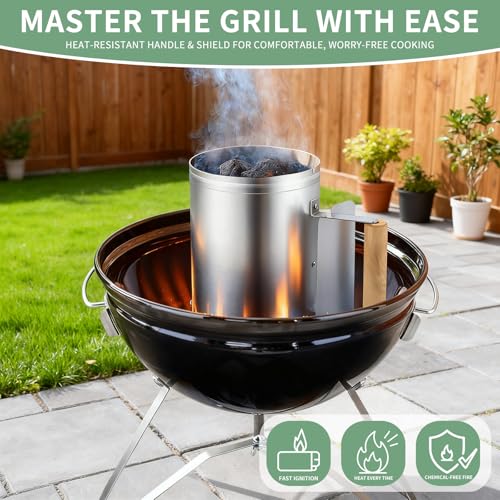 Fevbcnrj Charcoal Chimney Starter Compatible with Weber, Compact Chimney Starter for Grill, Rapid Fire Charcoal Lighter, with Heatproof Wooden Handle, BBQ Grill Tools for Outdoor Grilling and Camping - Thumbnail 2