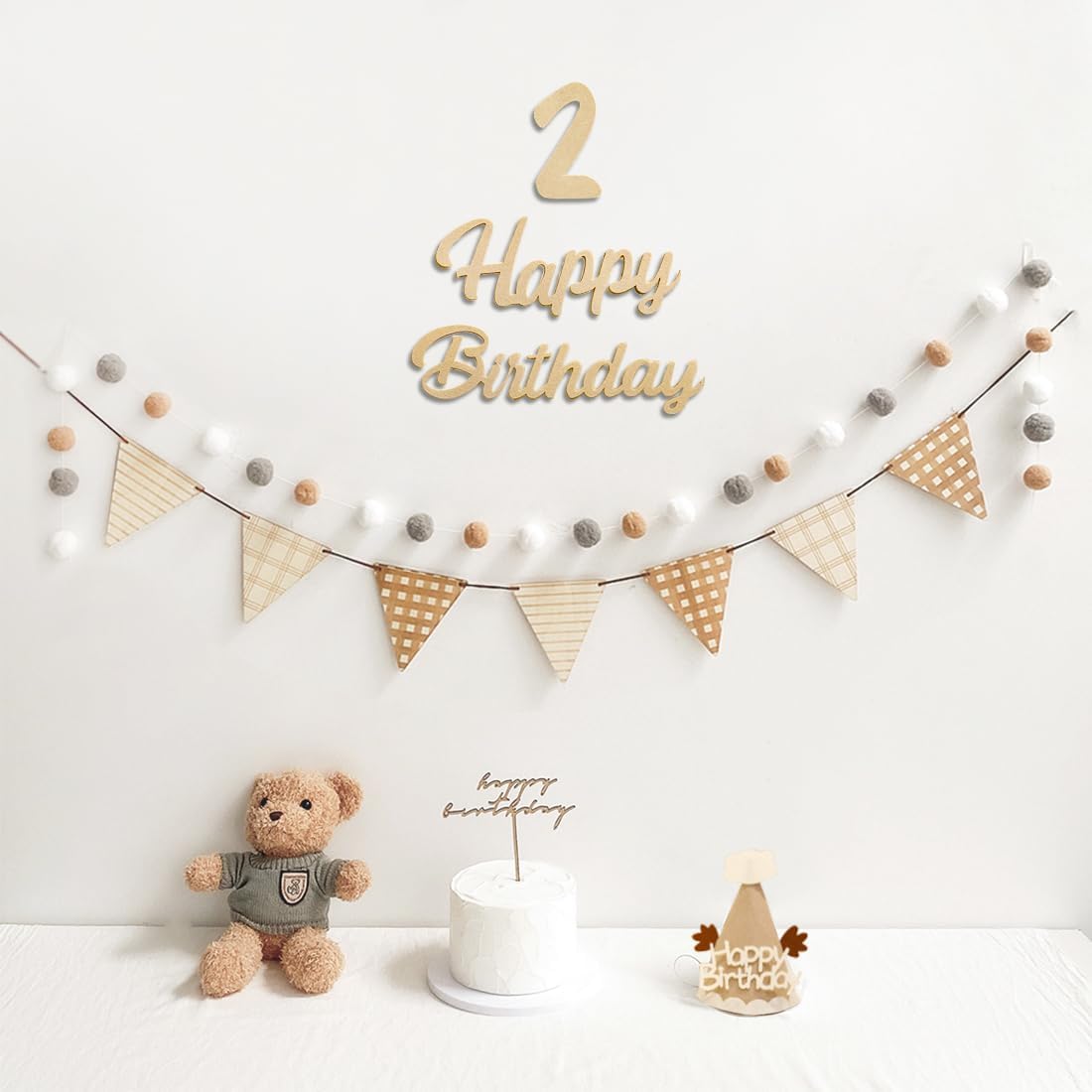 2歳 誕生日 飾り付け フェルト生地 2歳女の子誕生日プレセット シンプル おしゃれ バースデー 飾り 女の子 男の子 2歳 happy birthday ガーランド、ケーキトッパー、フラッグガーランド、フグボールガーランド ウォールステッカー 写真背景 お食い初め 飾り 2nd Birthday Party Decorations