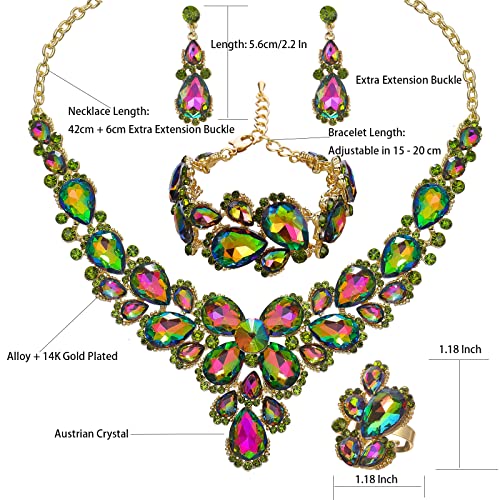 Qyj Women’s Wedding Bridal Austrian Crystal Glass Teardrop Statement Necklace Dangle Earrings Bracelet Ring Wedding Party Jewelry Set For Bridal Bridesmaid (Rainbow-Gold Plated) #TOP1