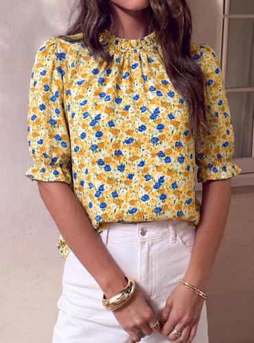 BTFBM Womens Tops 2026 Dressy Casual Blouses Summer Spring Clothes Mock Neck Short Sleeve Shirts Business Work Fall Outfits(Floral Yellow, Medium) — view 5