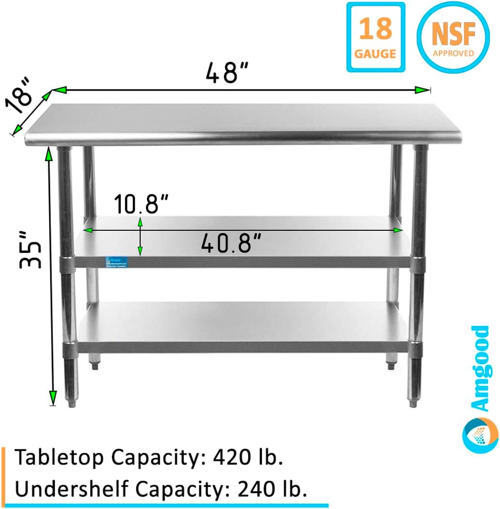 48" Long X 18" Deep Stainless Steel Work Table with 2 Shelves | Metal Food Prep Station | Commercial & Residential NSF Utility Table : Industrial & Scientific