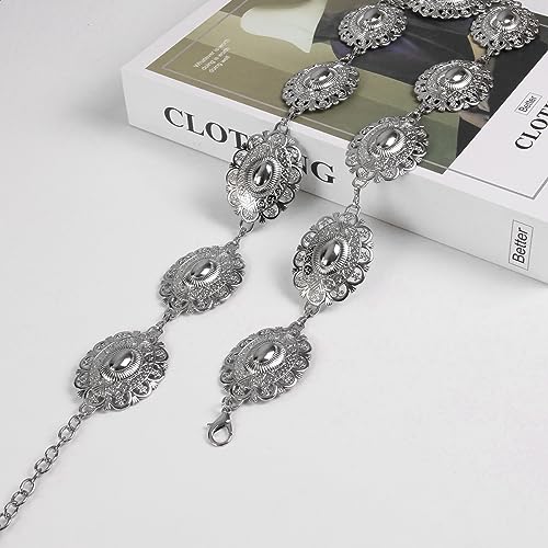 Western Concho Chain Belt for Women Boho Cowgirl Metal WaistChain with Turquoise (01-silver, Length 53" (36"+extended chain 17"))3