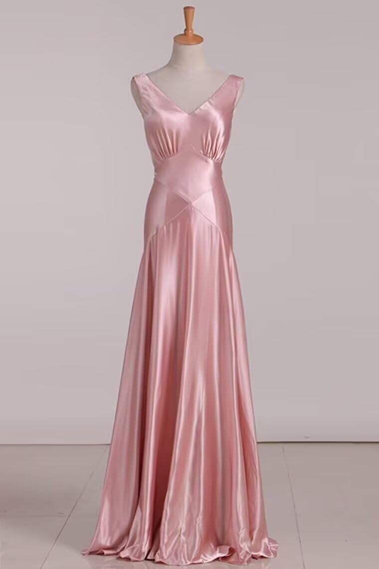 Rjer Women's V Neck Satin Bridesmaid Dresses Long Ruched A Line Bow Back Formal Evening Gowns