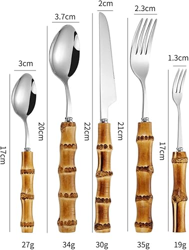 Miniatura 6 de Juego de cubiertos de bambú de 40 piezas para 8, juego de cubiertos de acero inoxidable 1810 con mango de bambú, cubiertos de bambú natural, vajilla