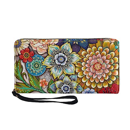 Coldinair Boho Floral Print Women's Rfid Blocking Pu Leather Zip Around Wallet Clutch Travel Purse With Wristlet #TOP3