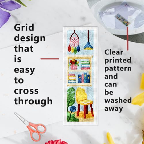Image of INFUNLY 6PCS Sweet Home Cross Stitch Bookmarks Kit 3x8.5inch Cat Window Stamped Embroidery Bookmark Kit Life Scenarios Needlepoint Bookmark Set with Instruction for Book Lover Reader Writer